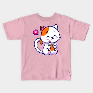 Cute Cat Eating Dango Mochi And Onigiri Cartoon Kids T-Shirt